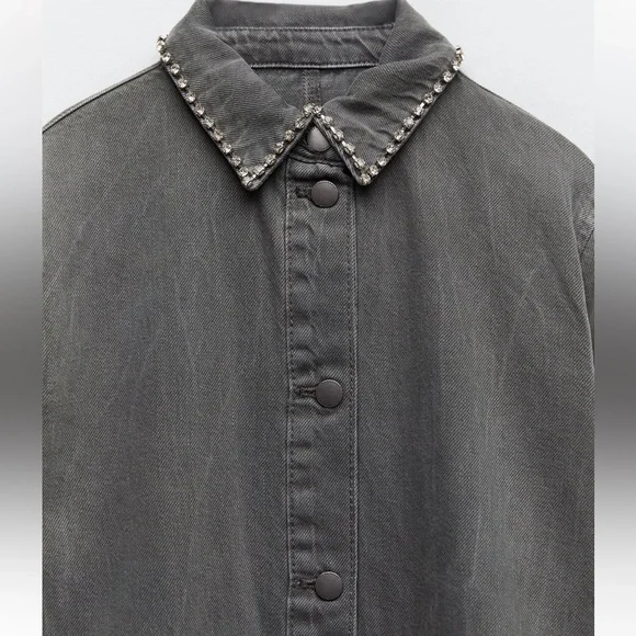 Women Zara Rhinestone Denim Overshirt Size XS - Picture 9 of 11